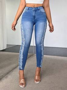 SHEIN SXY 女士時尚磨邊洗水牛仔褲 - 中等水洗藍 - 查看 4