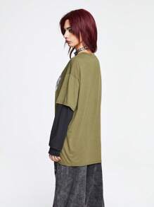 ROMWE Grunge Punk 2 In 1 Wings Print Drop Shoulder Tee - Army Green - View 6