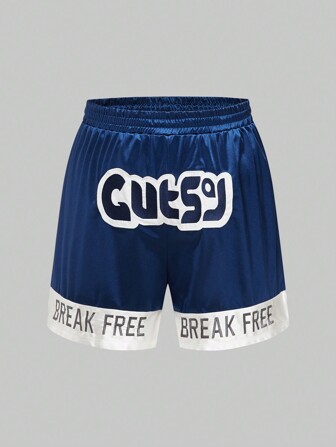 Street Life Shorts Satin Contrasté De Style De Rue Hip-hop Génial De Grande Taille Avec Broderie De Lettre