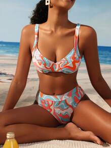 SHEIN Swim Summer Beach All Over Print Bikini Top And Bottom Shirred Bikini Set - Multicolor - View 3