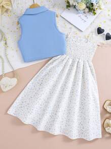 SHEIN 少女蓝色上衣和碎花吊带连衣裙两件套 - 黃色 - 查看 2