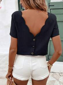 SHEIN Frenchy 100% Cotton Women's Summer Backless Shell Edge Blouse,Linen&Cotton Tops Black Casual - Black - View 6