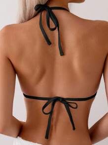 Swim Lushoire Summer Beach Women's Solid Color Simple Bikini Set - Black - View 6