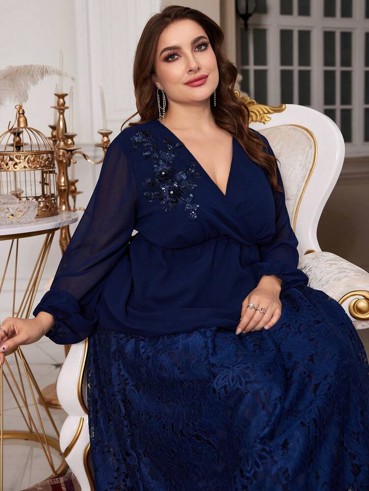 Plus Size Embroidered Mesh Splice V-Neck Shirt