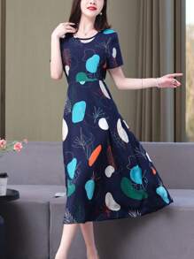 新款花卉印花圆领宽松夏季女式短袖连衣裙 - 藍色 - 查看 1