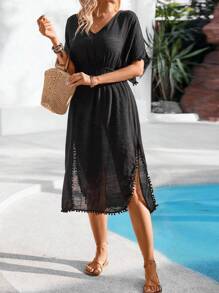 Breezaya Damen Fledermausärmeln Kleid Mit Pompons Dekoration