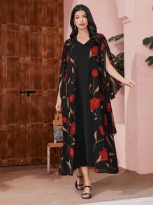 Modelyn Women's Floral Printed Arabic Style Two Pieces Dress Set - Black - View 1