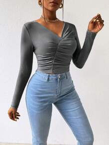 VaVaBold 女士短款褶皺修身t恤 - 灰色 - 查看 4