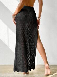 SHEIN Swim Summer Beach Women's High Side Split Cover Up Skirt - Black - View 2