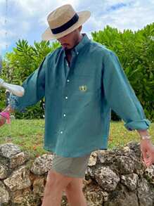 DAZY 男士刺绣春夏衬衫，秋季长袖男士度假衬衫 - 綠色 - 查看 5