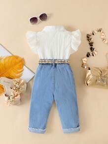 SHEIN Playful Pals 嬰兒女孩夏季新款上衣和簡約星星刺繡牛仔套裝