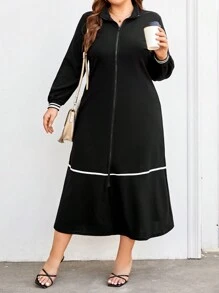 Mulvari 女士加大號色塊拉鍊寬鬆休閒連衣裙 - 黑色 - 查看 1