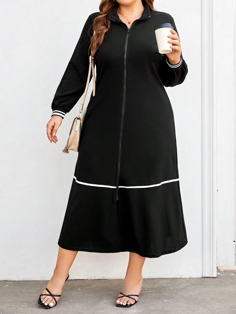 Mulvari 女士加大號色塊拉鍊寬鬆休閒連衣裙 - 黑色 - 查看 1