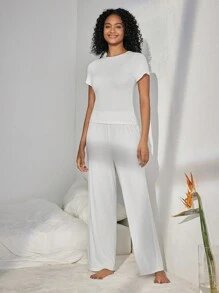 Ocili Leisure Comfy Solid Round Neck Short Sleeve Home Clothes Top-White - White - View 3