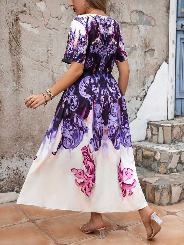 Plus Size Women's Floral Printed Short Sleeve Dress