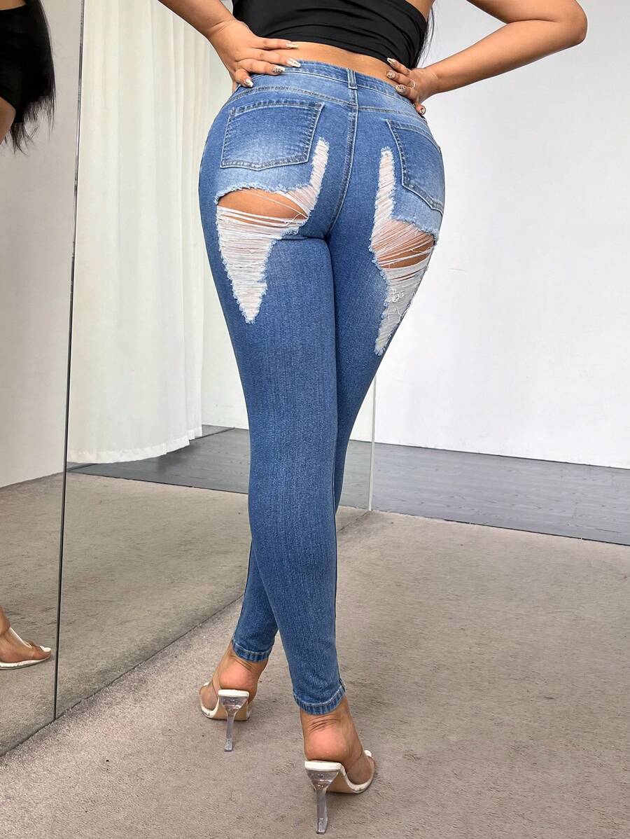 SHEIN SXY Women's Slim Fit Ripped Jeans - Blue - View 1