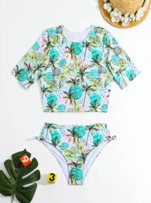 Teen Girls' Tropical Printed Tankini Set With Triangle Bottom And Top - Multicolor - View 1