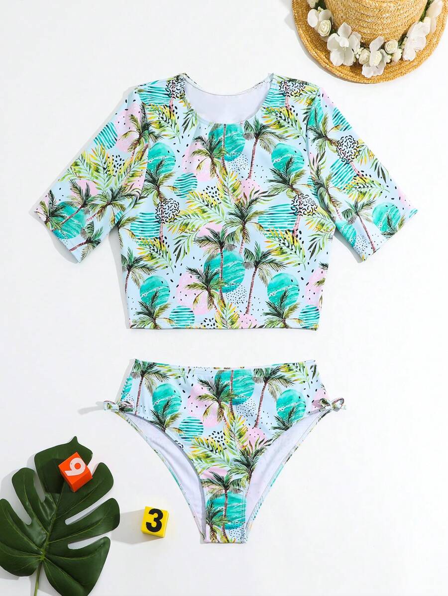 Teen Girls' Tropical Printed Tankini Set With Triangle Bottom And Top - Multicolor - View 1