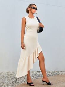 SHEIN Essnce Women Casual Vacation Solid Textured Asymmetrical Ruffled Hem Dress For Summer