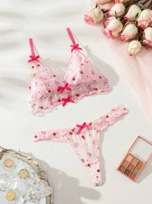 SHEIN Bộ đồ lót xuyên thấu và áo ngực lưới thêu hoa dành cho nữ - Hồng - Xem 1