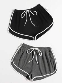SHEIN EZwear Two-Piece Set Color Block Trim Elastic Waist Shorts - Dark Grey - View 3