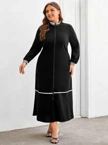 Mulvari 女士加大號色塊拉鍊寬鬆休閒連衣裙 - 黑色 - 查看 3