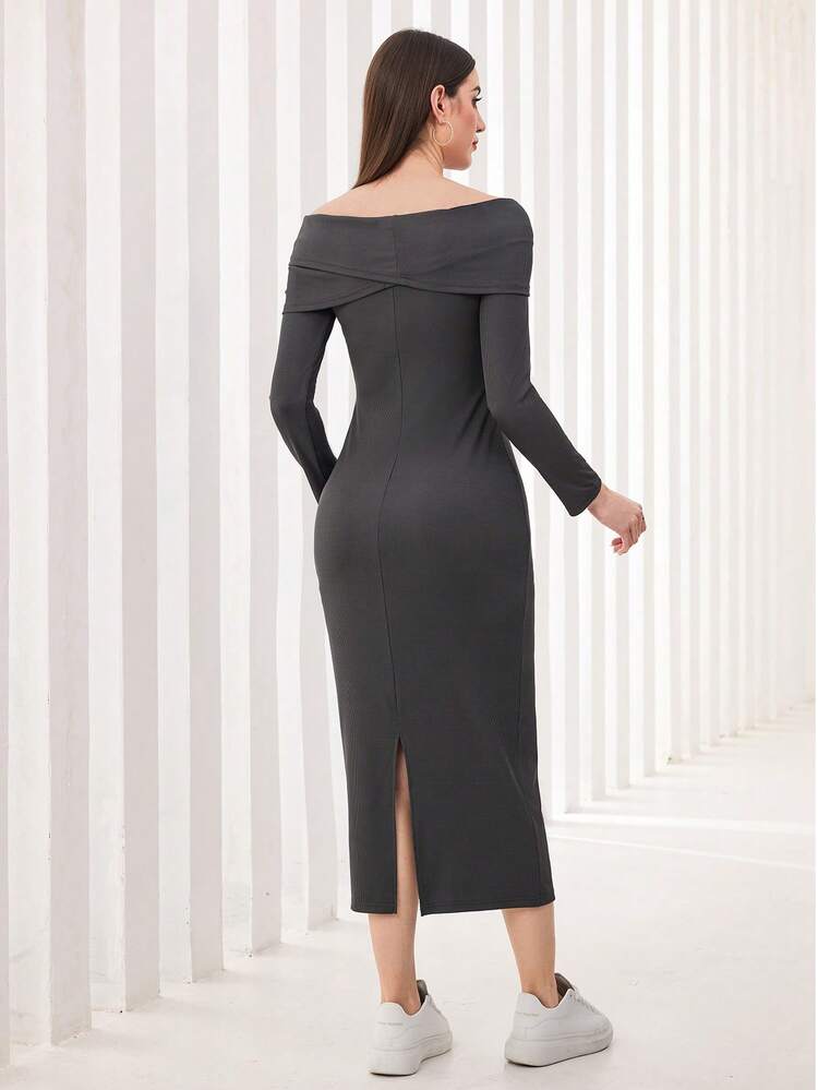 Ladies' Solid Off Shoulder Slim-Fit Bodycon Dress Long Evening Dresses