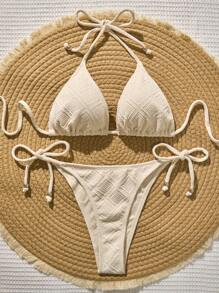 Swim Vcay Summer Beach Women's Halter Neck Knot Side Fashion Bikini Set