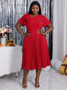 Plus Size Women Asymmetric Neckline Elegant Ruffle Sleeve A-Line Dress, Suitable For Commute, Graduation Ceremony, Church Service, Graduation Gown - Red - View 4