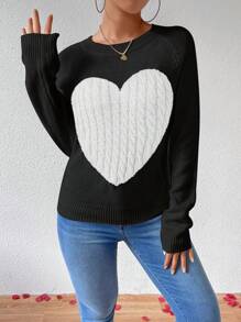 Chiquease Áo len dệt kim tay raglan họa tiết trái tim, thích hợp cho mùa thu đông. - Đen và trắng - Xem 3