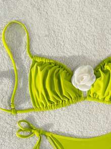 SHEIN Swim 女款夏季海灘3D花裝飾霓虹比基尼套裝 - 綠色 - 查看 7