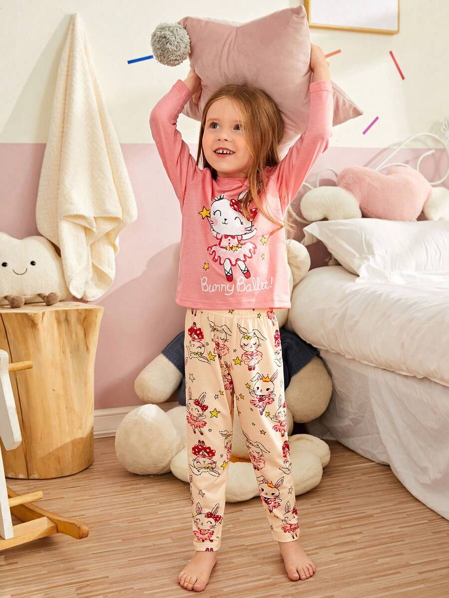 幼兒女童可愛粉色印花長袖上衣和褲子居家套裝 - 玫紅色 - 查看 1