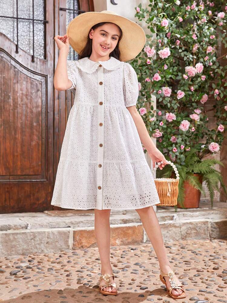 Tween Girl Peter Pan Collar Bubble Sleeve Wooden Button Hollow Out Dress, Mommy And Me Matching Outfits (2 Pieces Sold Separately)
