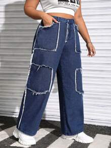 SHEIN EZwear Kích thước lớn Của phụ nữ Denim Quần Cargo - Rửa trung bình - Xem 4