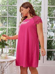 SHEIN Clasi Plus Size Women's Lace Patchwork Fuschia Mini Dress - Hot Pink - View 4