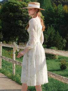 Women's Tie-Dye Ruched Waist Off-Shoulder Long Sleeve A-Line Tea Dress, French Style Dress - Green - View 2