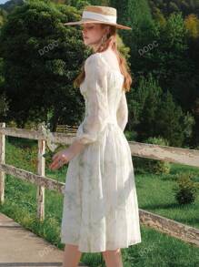 Vestido camisero largo de línea A con mangas largas y hombros descubiertos, cintura fruncida, estilo tie-dye, vestido estilo francés