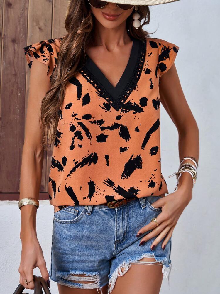 Women's Brush Stroke Printed Cap Sleeve Blouse