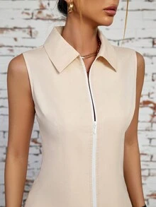 GENKIRA Ladies' Fashionable Sleeveless Shirt With Zipper Front - Apricot - View 3