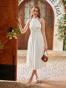 GENKIRA Embroidered Halterneck Tie Waist Dress For Women - White - View 5