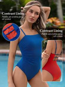 Swim Vcay 女式側卷邊單肩泳衣,開放式背部,適用於嘉年華 - 藍色 - 查看 4