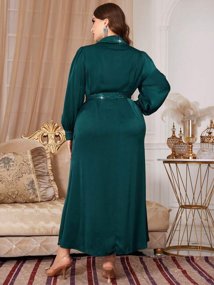 Plus Size Turn-Down Collar Belted Sequin Detail Dress Fall Cloth For Women