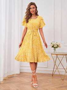SHEIN LUNE Ladies' Yellow Floral Print Belted Dress - Yellow - View 4