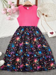 Teen Girl Splash Ink Print Two Tone A-Line Dress - Multicolor - View 1