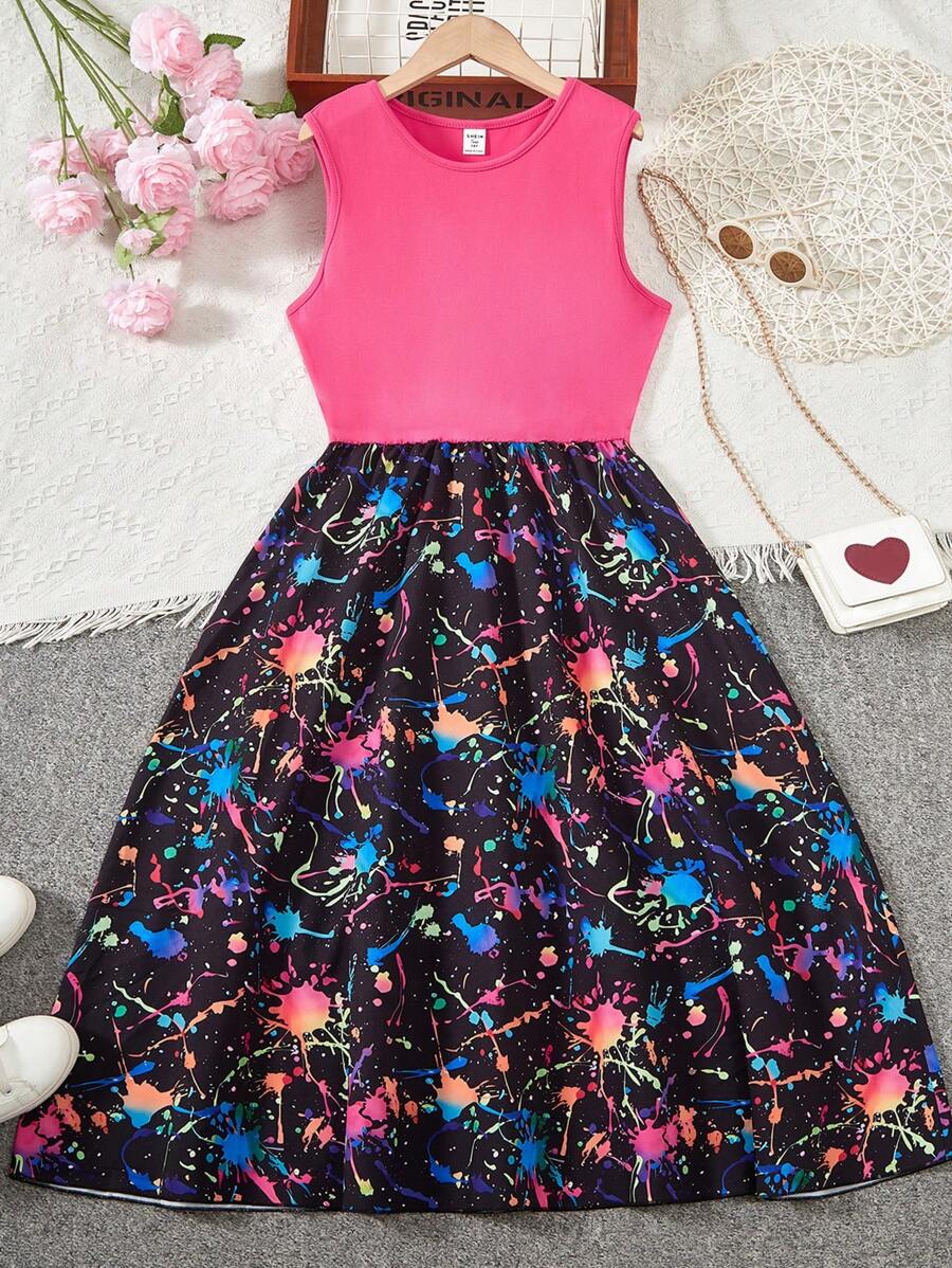 Teen Girl Splash Ink Print Two Tone A-Line Dress - Multicolor - View 1