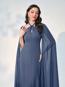 Modelyn 女款純色斗篷袖掛脖連身裙 - 霧霾藍 - 查看 4