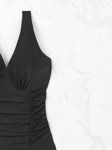 Swim DD+ Summer Beach Solid Color Backless Swimsuit With Pleated Details - Black - View 4
