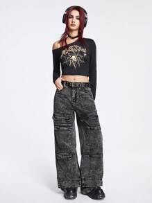 ROMWE Grunge Punk Flap Pocket Cargo Jeans - Dark Grey - View 2