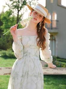 Women's Tie-Dye Ruched Waist Off-Shoulder Long Sleeve A-Line Tea Dress, French Style Dress - Green - View 3