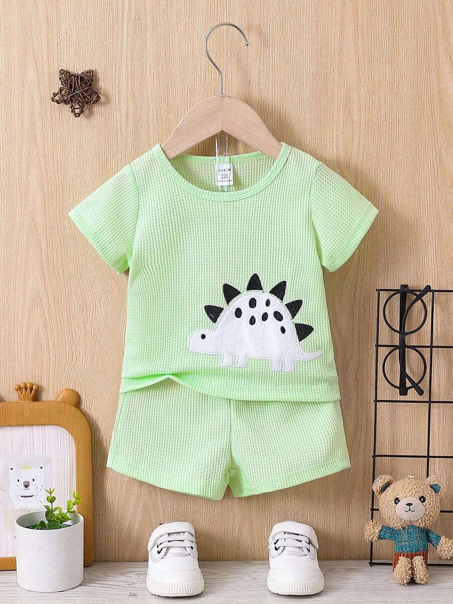 SHEIN 嬰兒男童恐龍繡花短袖t恤和短褲套裝 - 薄荷綠 - 查看 1